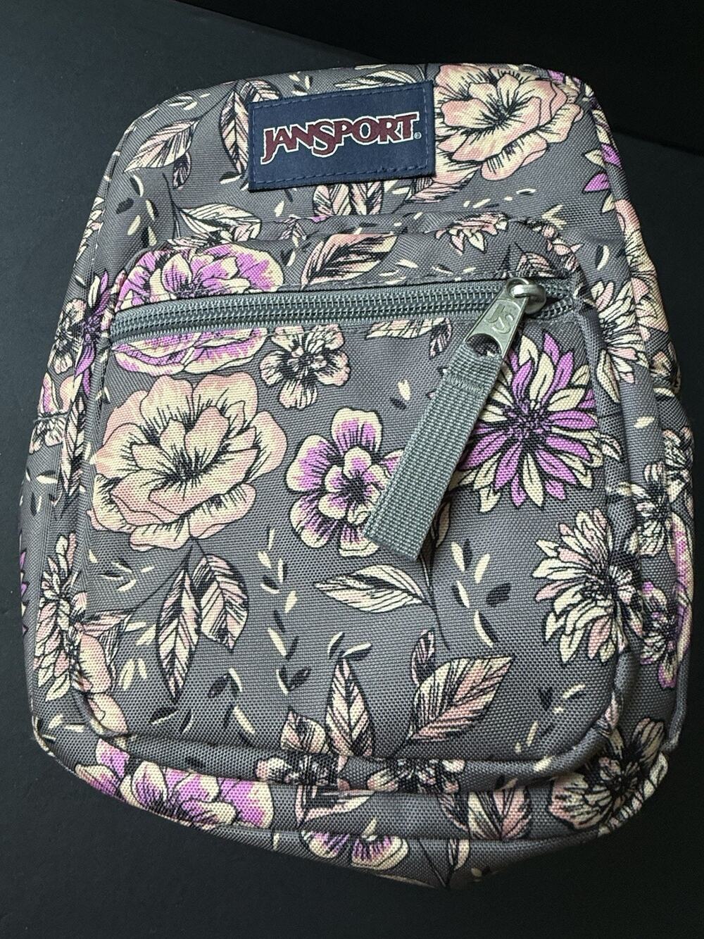 Jansport Big Break Insulated Lunch Bag Floral Graphite Gray Zipper Pull Tab